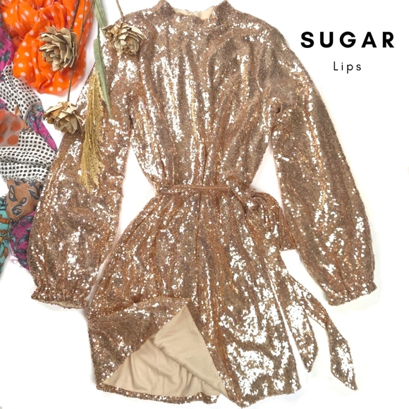New with Tags Sugar Lips Gold Sequin Dress Sz M - Picture 1 of 13